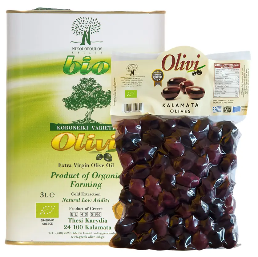 Pack Huile d'olive Kalamata VE BIO 3L + Olives Kalamata BIO 1Kg