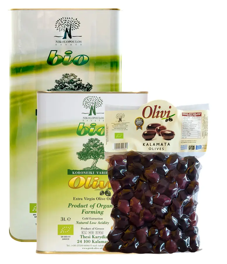 Pack Huile d'olive VE BIO 8L + Olives Kalamon BIO 1Kg