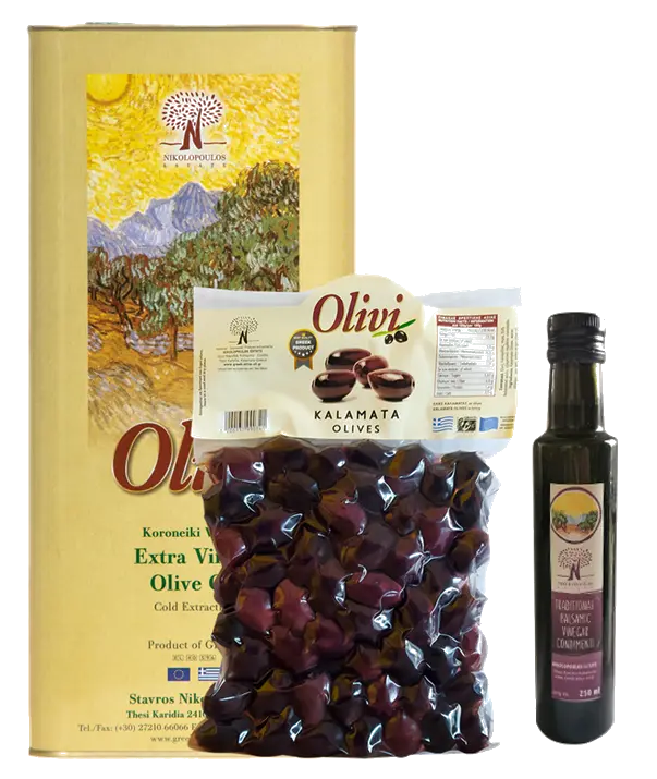 Pack Huile d'olive VE 5L + Olives Kalamon 1Kg + Vinaigre Balsamique 0.5L