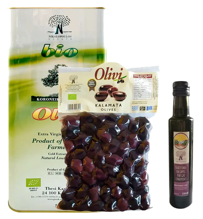 Pack Huile d'olive VE BIO 5L + Olives Kalamon BIO 1Kg + Vinaigre Balsamique 0.5L