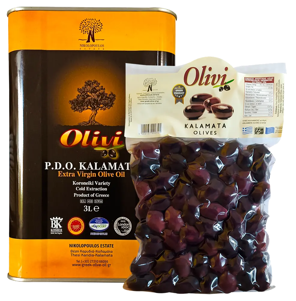 Pack Huile d'olive VE AOP KALAMATA 3L + Olives Kalamon 1Kg