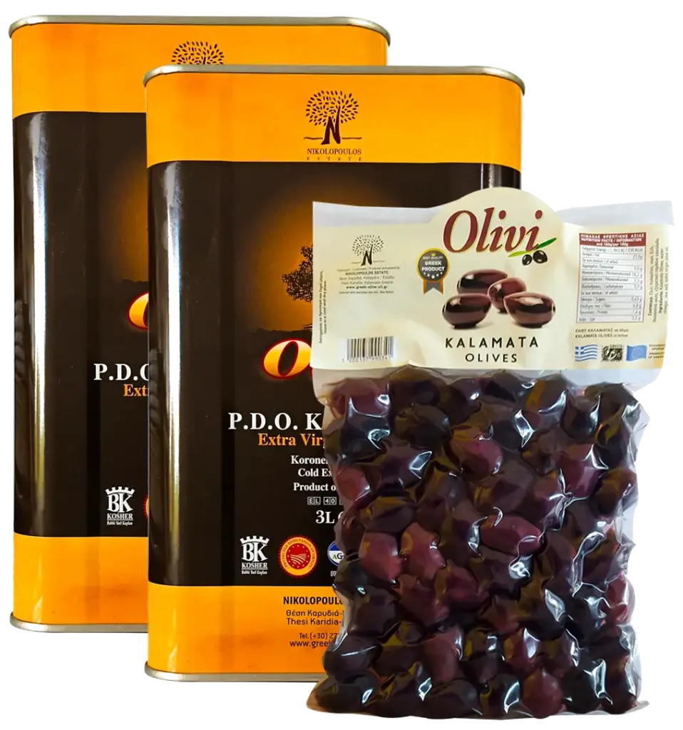 Pack Huile d'olive VE AOP KALAMATA 3L x 2 + Olives Kalamon 1Kg