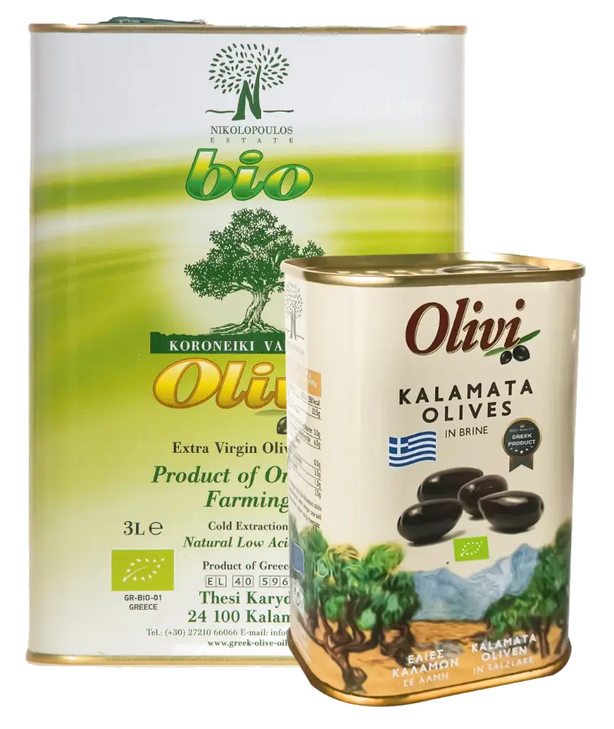 Pack Huile d'olive VE 3L BIO + Olives Kalamon BIO 250gr en saumure x 2