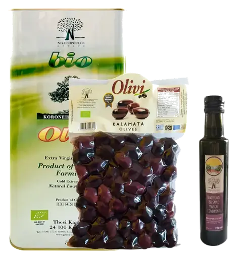[VOVI_B_BM_5L2Kg0.5L] Pack Huile d'olive VE BIO 5L + Olives Kalamon BIO 1Kg + Vinaigre Balsamique 05L