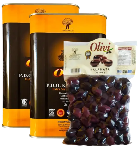 [VEOL_P_BM_6L1Kg] Pack Huile d'olive VE AOP KALAMATA 3L x 2 + Olives Kalamon 1Kg